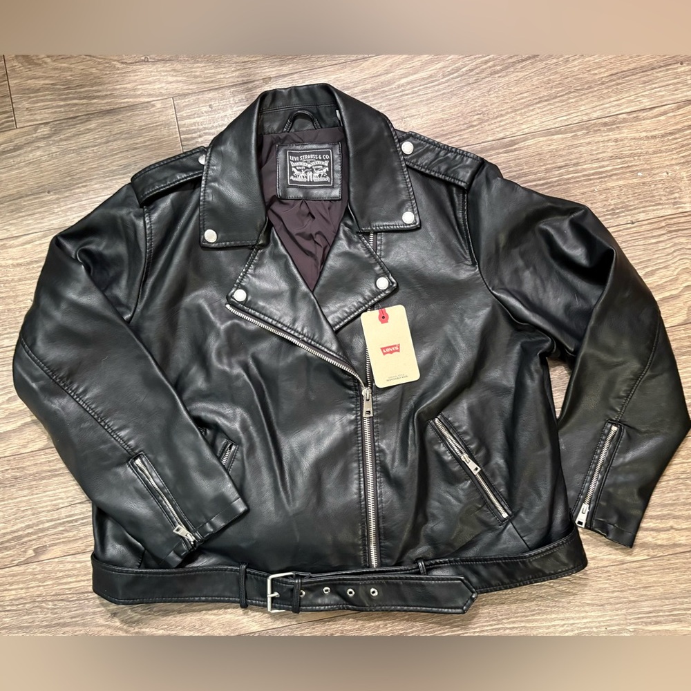 NWT Levis Womens Plus Faux VEGAN Leather Belted Midweight Motorcycle Jacket Coat